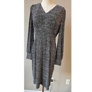 Brooks‎ Brothers Kit Abstract Long Sleeve V-Neck Midi Dress Black/White Size S